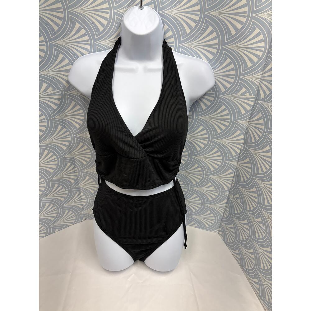 NWOT black ribbed halter bikini set two piece swimsuit size large high waisted
